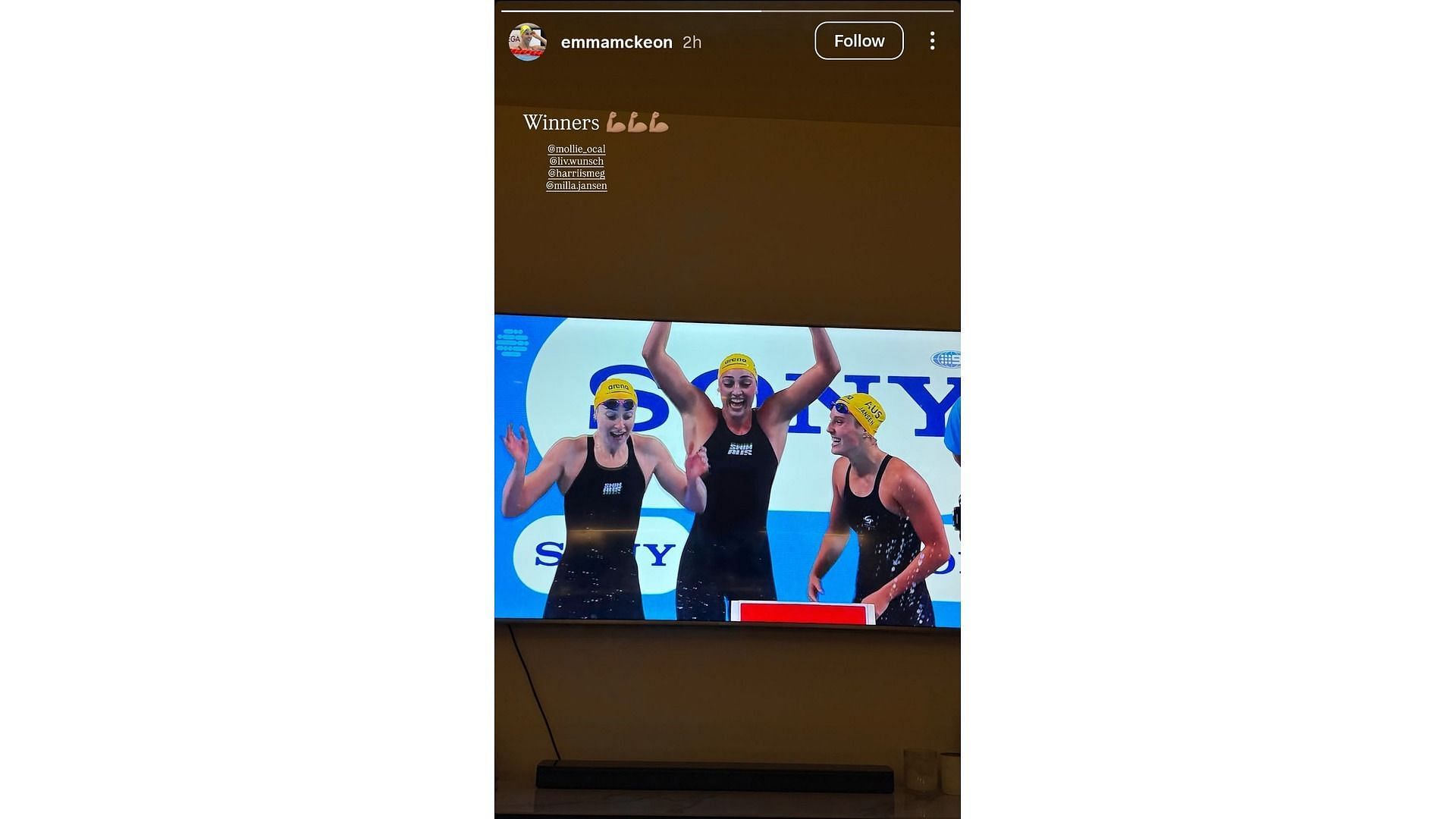Screenshot of McKeon's story feat her appreciation for Australia's 4x100m freestyle team (Image via: @emmamckeon)